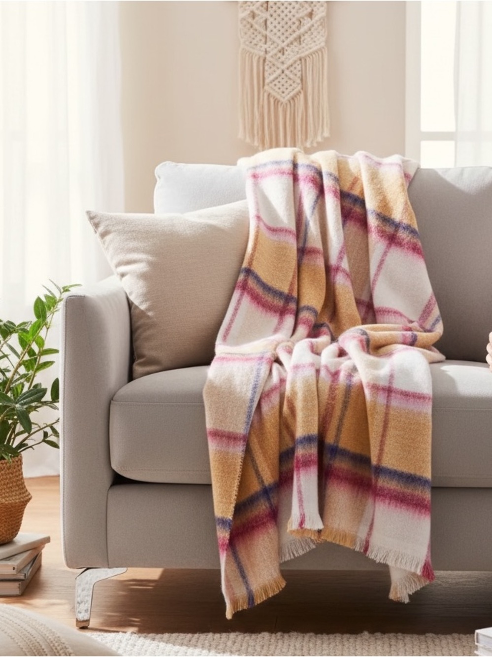 Anthropologie Cozy Plaid Throw Blanket Pink Gold Cream NWT 70x50